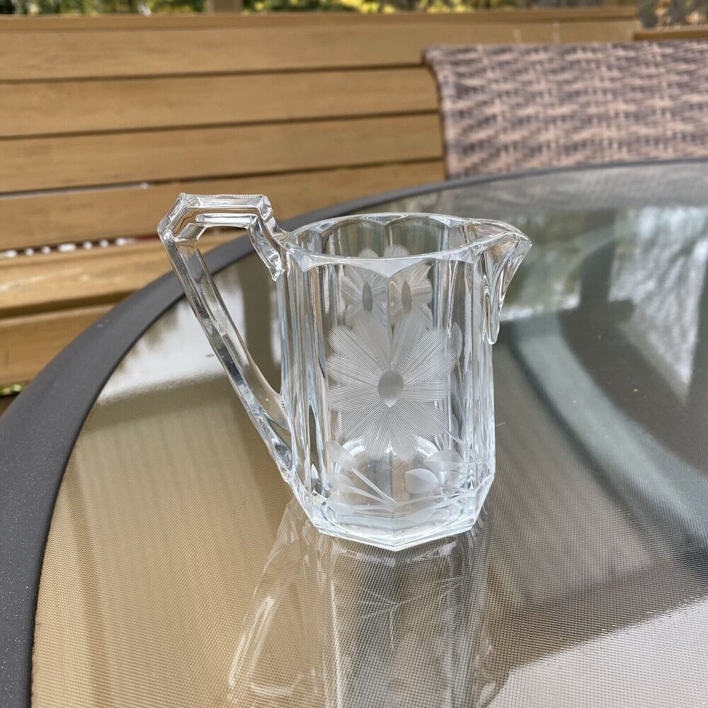 Vintage Hexagon Etched Cut Floral Clear Glass Antique Creamer